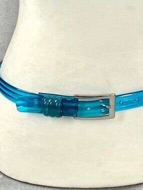 Vintage Womens Fashion Belt Blue 28 Silicone Jelly Silver Tone Buckle Adjustable